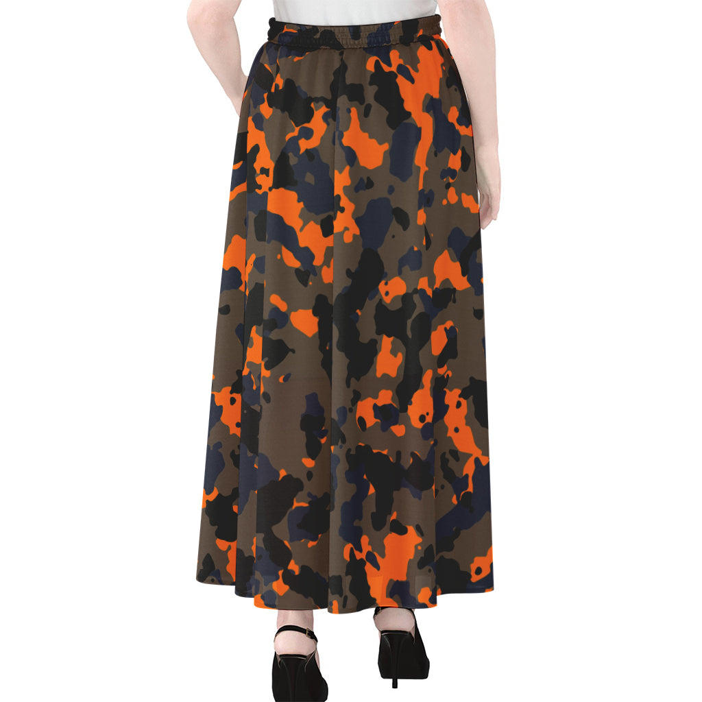 Black And Orange Camouflage Print Chiffon Maxi Skirt