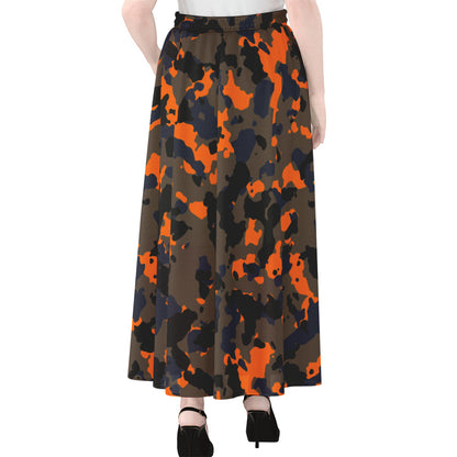 Black And Orange Camouflage Print Chiffon Maxi Skirt