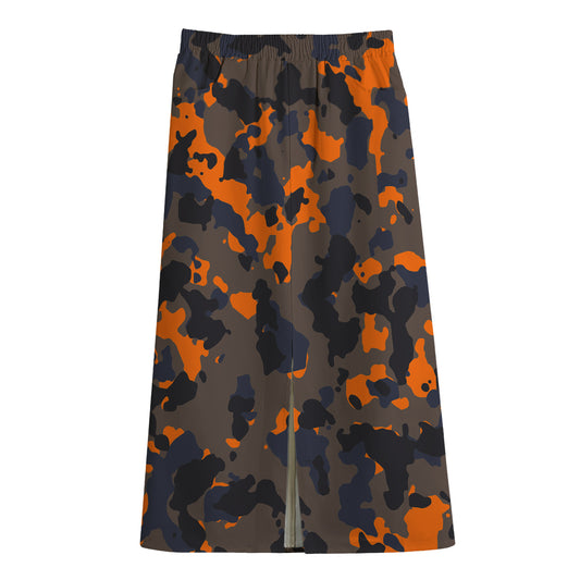 Black And Orange Camouflage Print Cotton Front Slit Maxi Skirt
