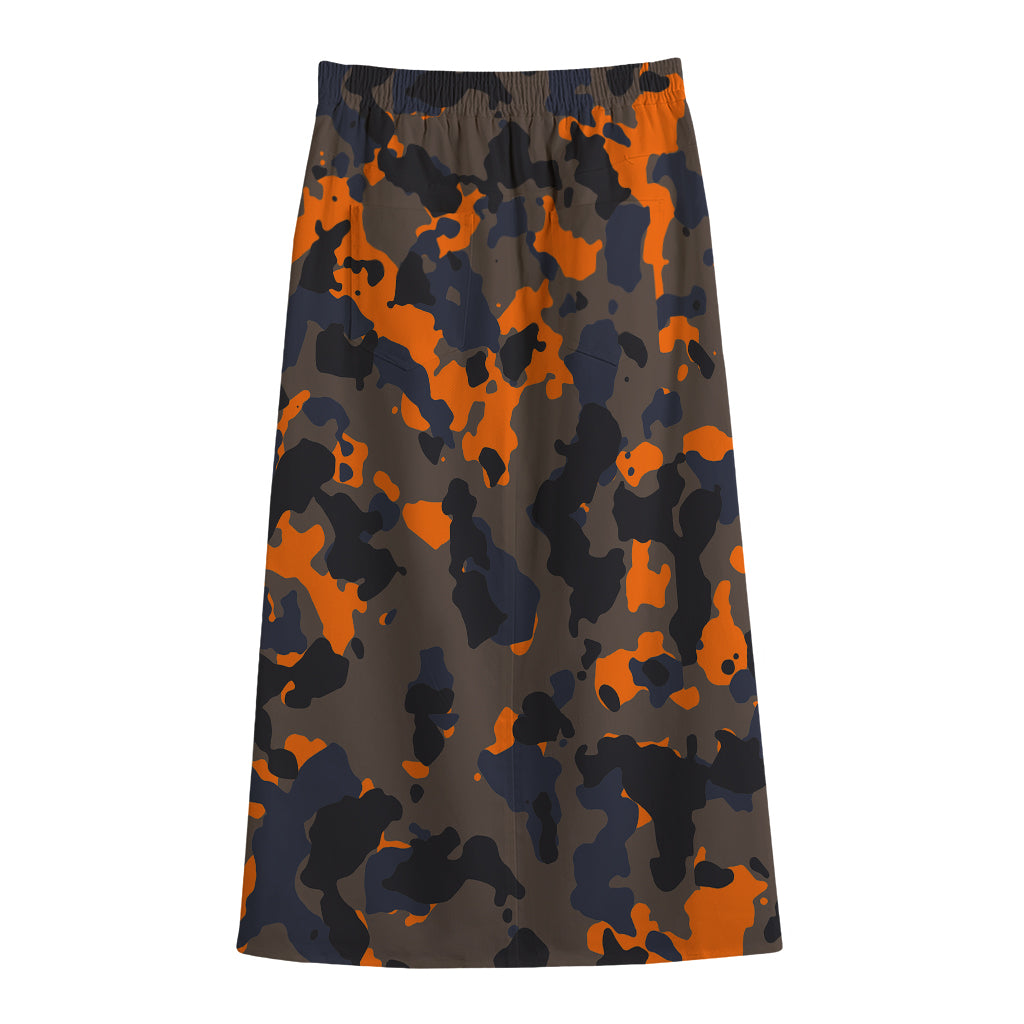 Black And Orange Camouflage Print Cotton Front Slit Maxi Skirt