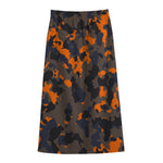 Black And Orange Camouflage Print Cotton Front Slit Maxi Skirt