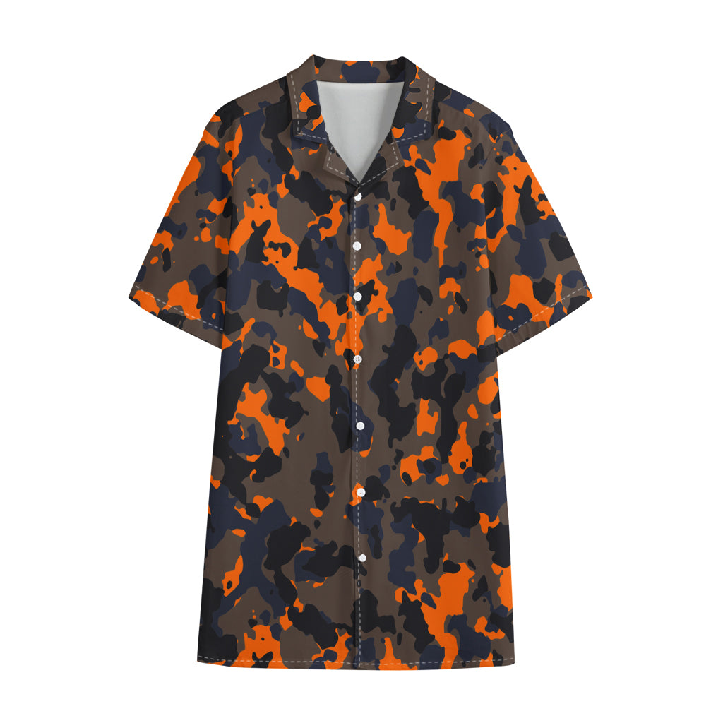 Black And Orange Camouflage Print Cotton Hawaiian Shirt