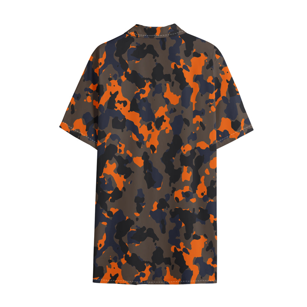 Black And Orange Camouflage Print Cotton Hawaiian Shirt