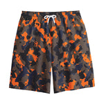 Black And Orange Camouflage Print Cotton Shorts