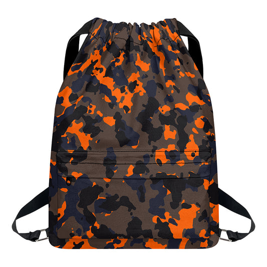 Black And Orange Camouflage Print Drawstring Backpack