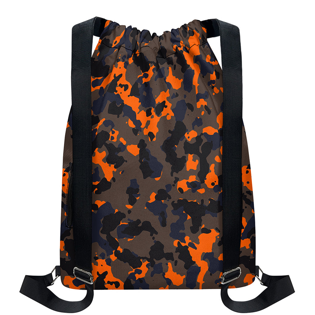 Black And Orange Camouflage Print Drawstring Backpack