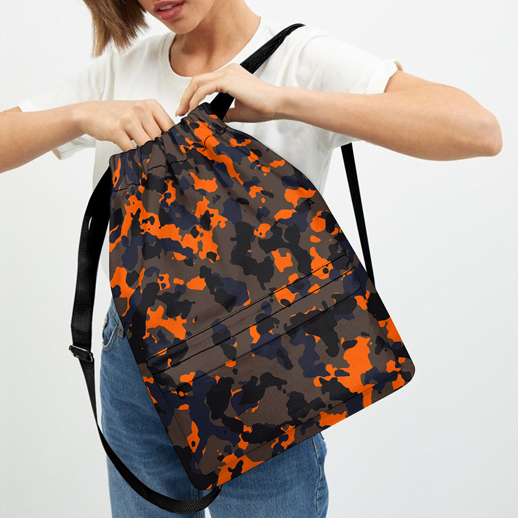 Black And Orange Camouflage Print Drawstring Backpack