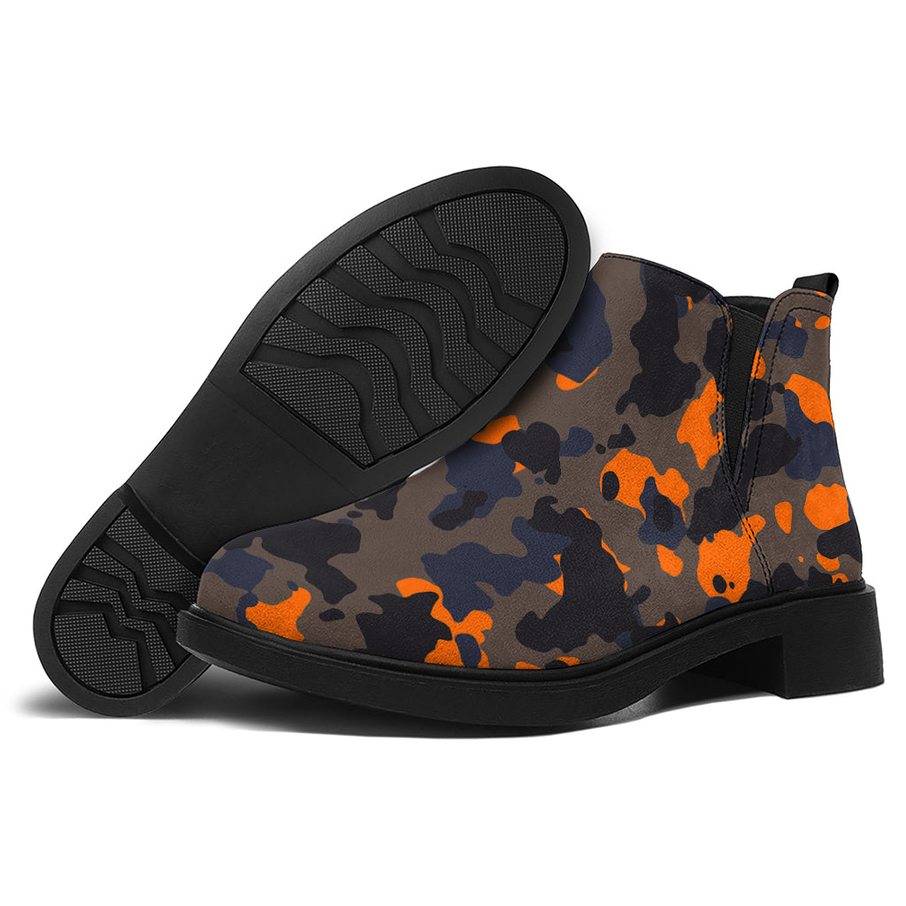 Black And Orange Camouflage Print Flat Ankle Boots