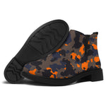 Black And Orange Camouflage Print Flat Ankle Boots