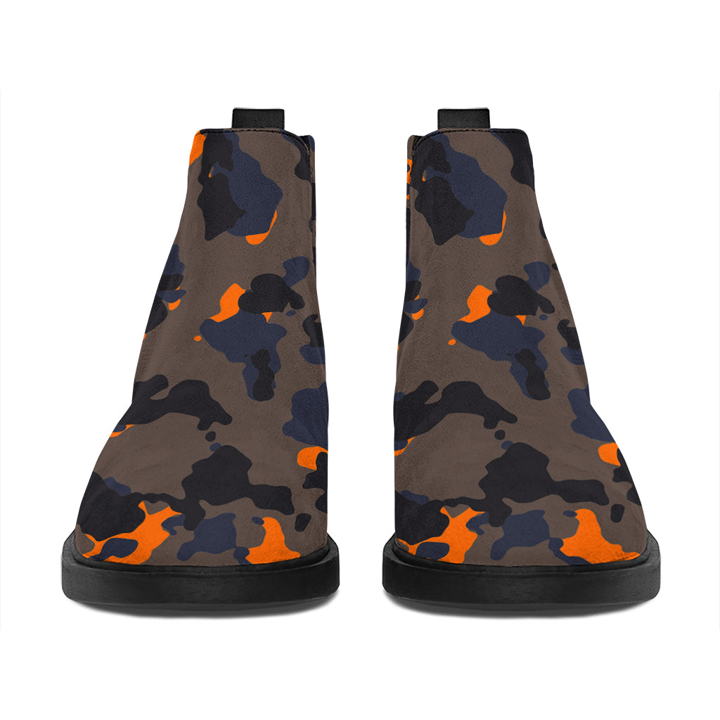 Black And Orange Camouflage Print Flat Ankle Boots