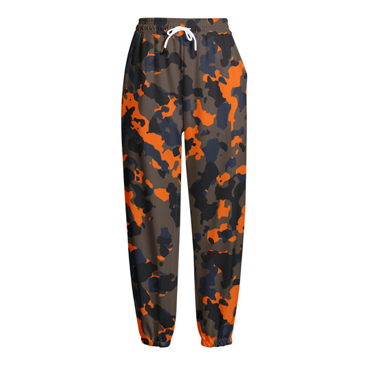 Black And Orange Camouflage Print Fleece Lined Knit Pants