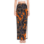Black And Orange Camouflage Print High Slit Maxi Skirt