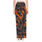 Black And Orange Camouflage Print High Slit Maxi Skirt