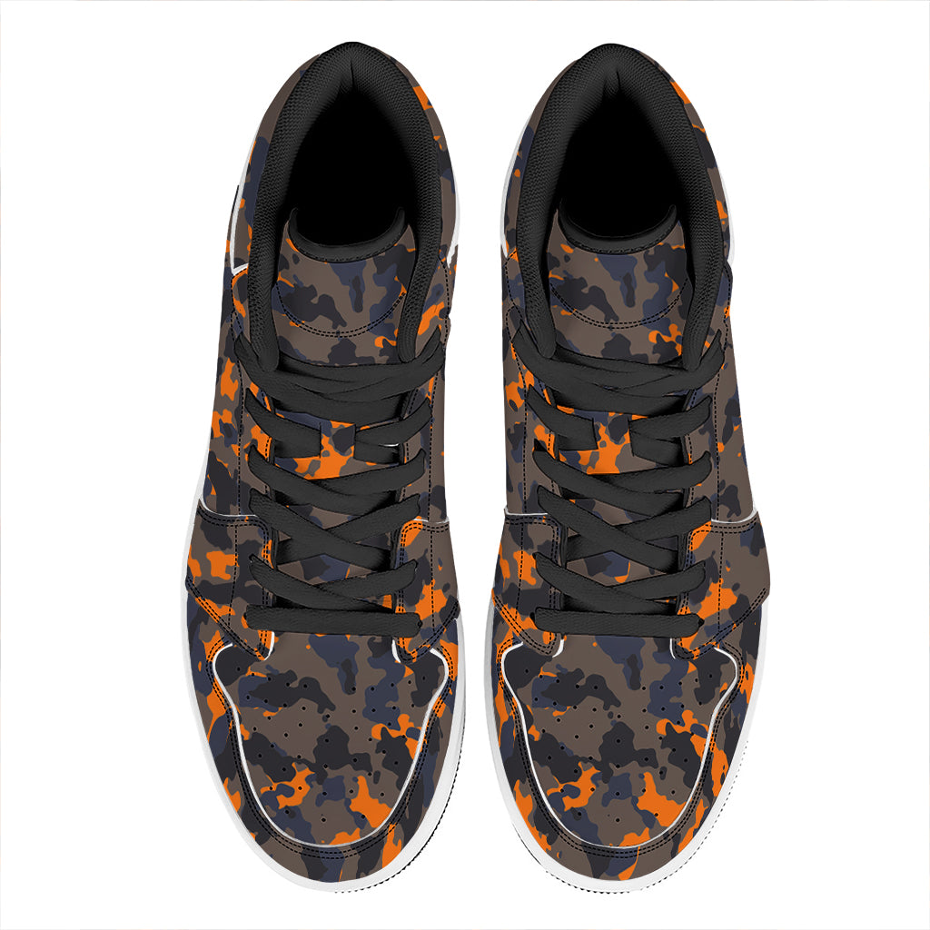 Black And Orange Camouflage Print High Top Leather Sneakers