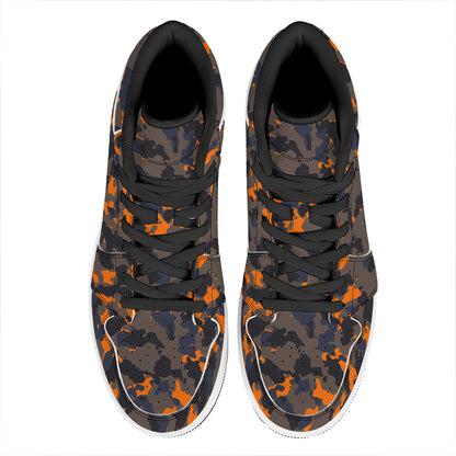 Black And Orange Camouflage Print High Top Leather Sneakers