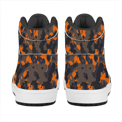 Black And Orange Camouflage Print High Top Leather Sneakers
