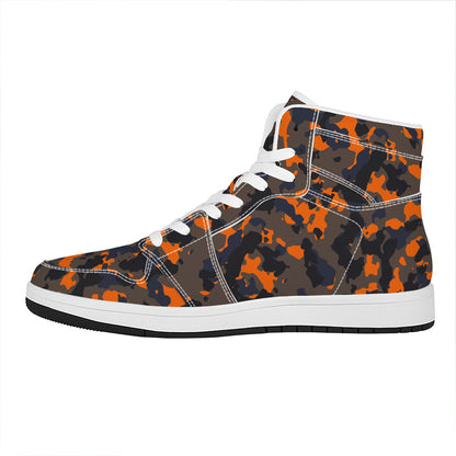 Black And Orange Camouflage Print High Top Leather Sneakers