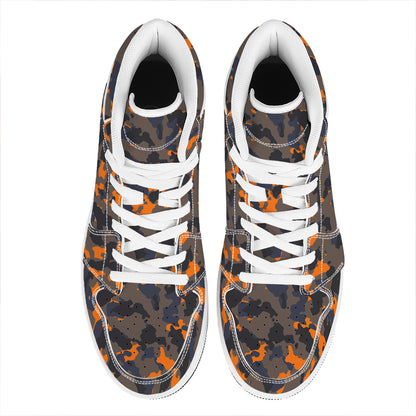 Black And Orange Camouflage Print High Top Leather Sneakers
