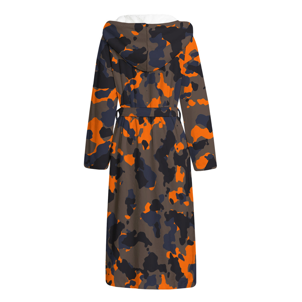 Black And Orange Camouflage Print Hooded Bathrobe