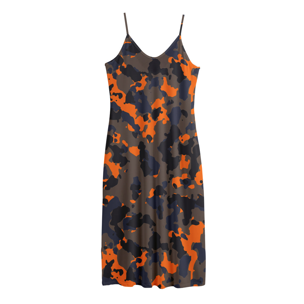 Black And Orange Camouflage Print Jersey Midi Cami Dress