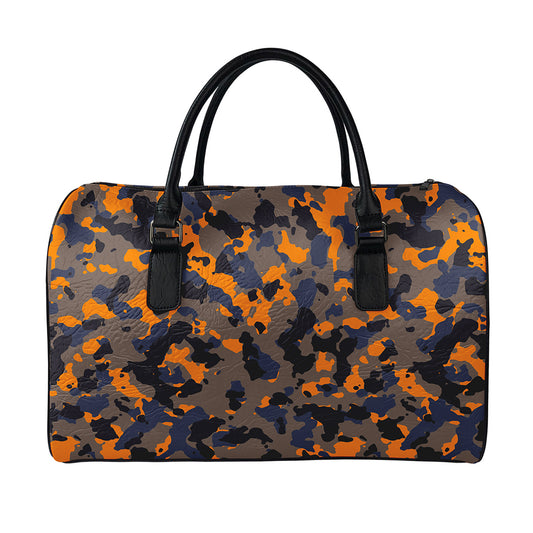 Black And Orange Camouflage Print Leather Duffle Bag