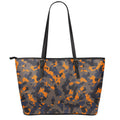 Black And Orange Camouflage Print Leather Tote Bag With Zipper