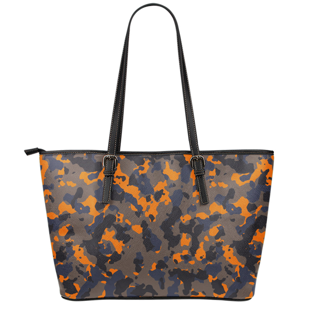 Black And Orange Camouflage Print Leather Tote Bag