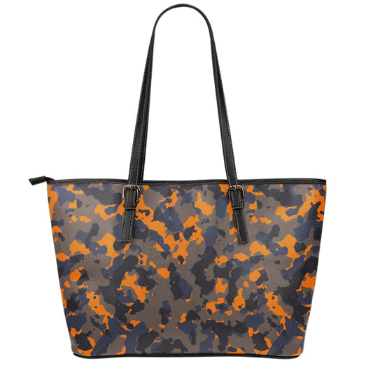Black And Orange Camouflage Print Leather Tote Bag