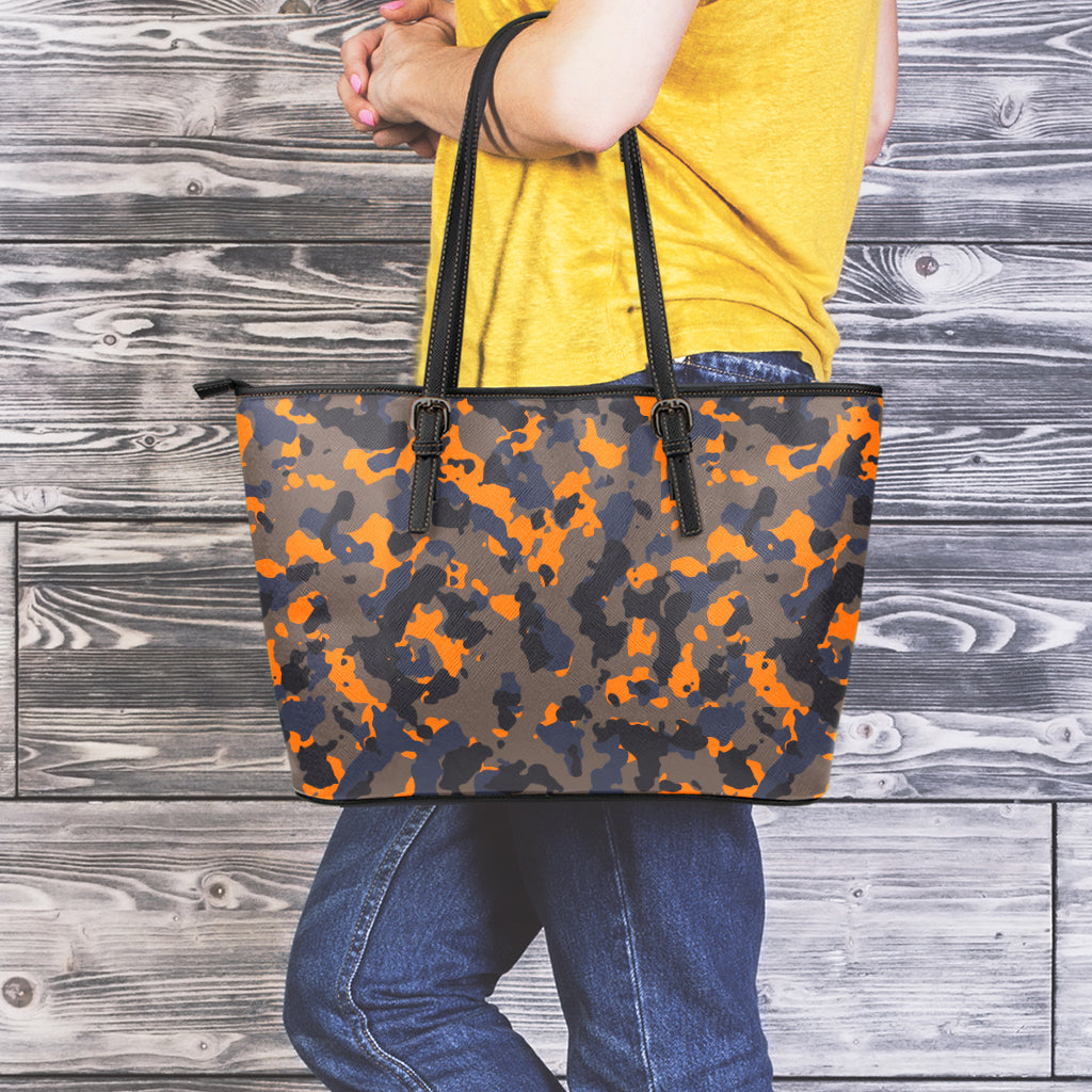 Black And Orange Camouflage Print Leather Tote Bag