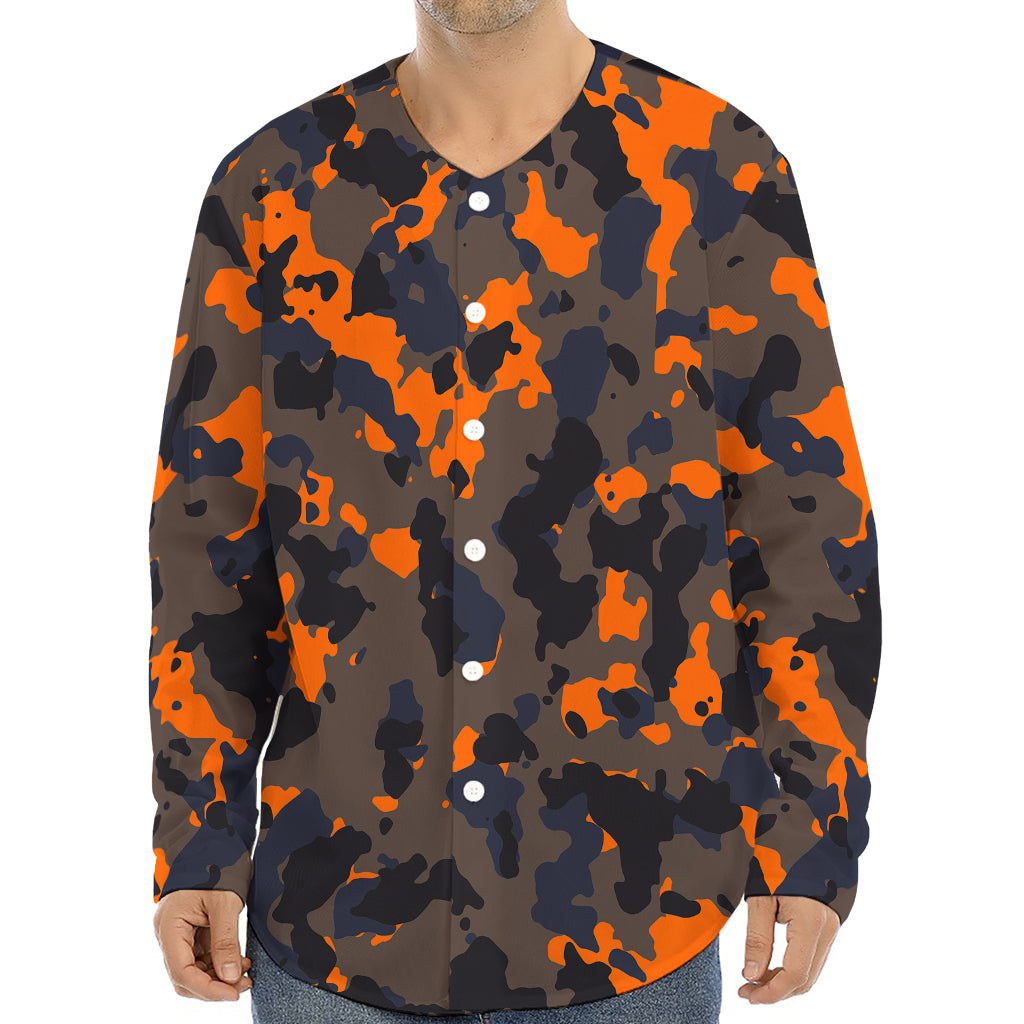 Black And Orange Camouflage Print Long Sleeve Baseball Jersey