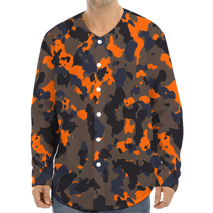 Black And Orange Camouflage Print Long Sleeve Baseball Jersey