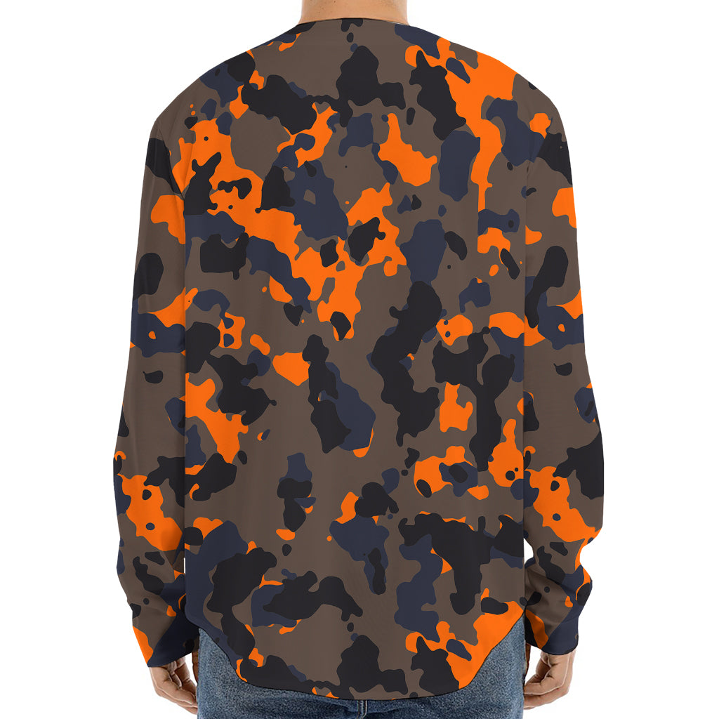 Black And Orange Camouflage Print Long Sleeve Baseball Jersey