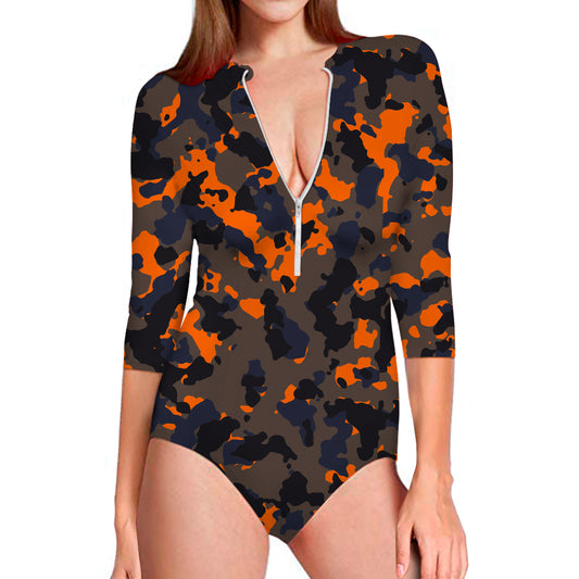 Black And Orange Camouflage Print Long Sleeve Swimsuit