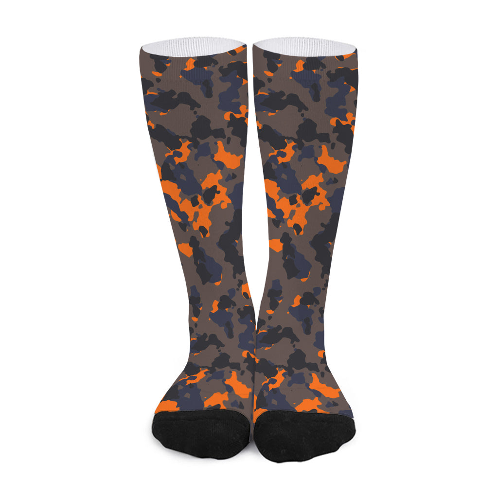 Black And Orange Camouflage Print Long Socks