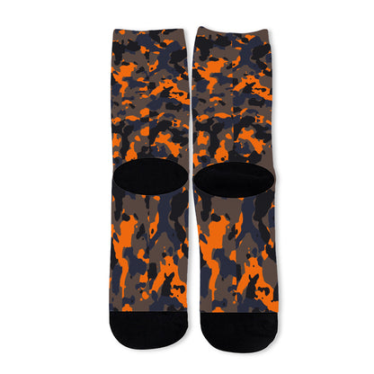 Black And Orange Camouflage Print Long Socks