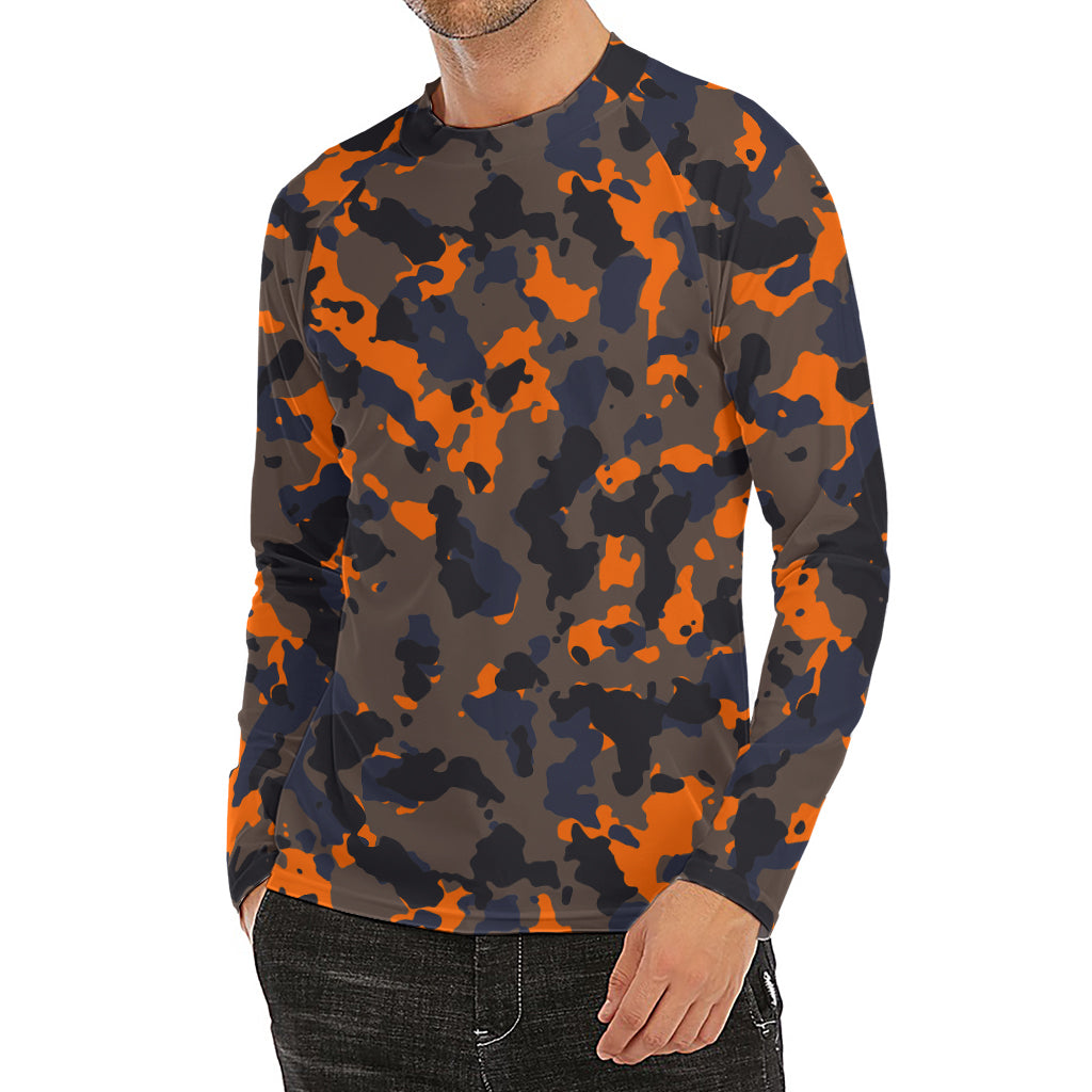 Black And Orange Camouflage Print Men's Long Sleeve Rash Guard