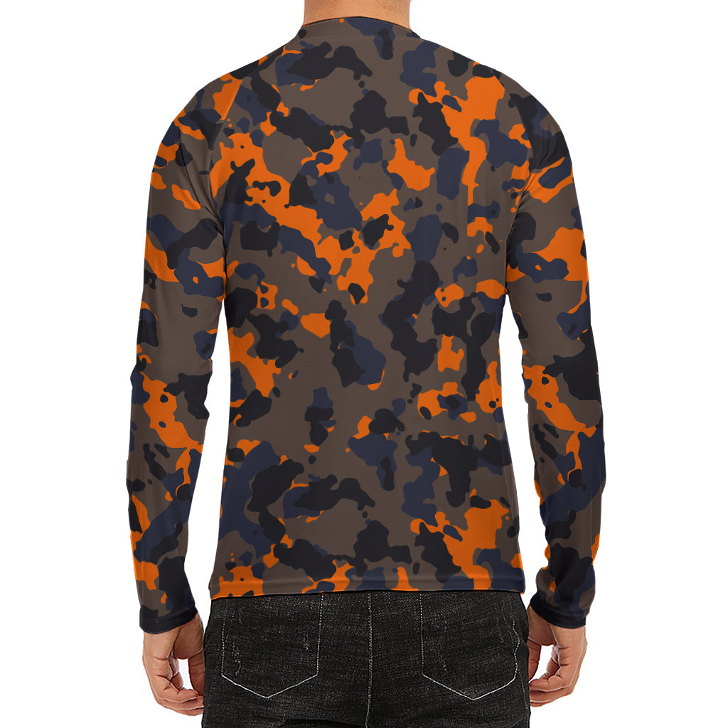 Black And Orange Camouflage Print Men's Long Sleeve Rash Guard