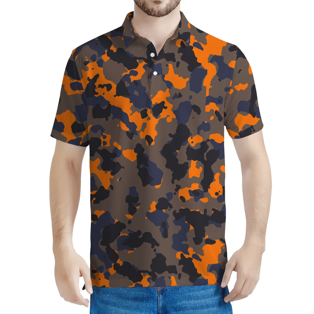 Black And Orange Camouflage Print Men's Polo Shirt