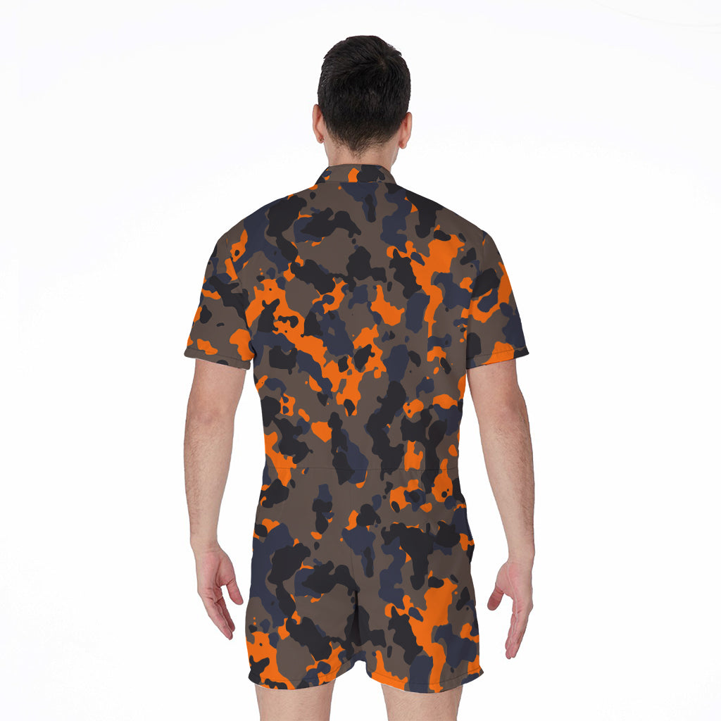 Black And Orange Camouflage Print Men's Rompers