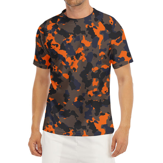 Black And Orange Camouflage Print Men's Short Sleeve Rash Guard