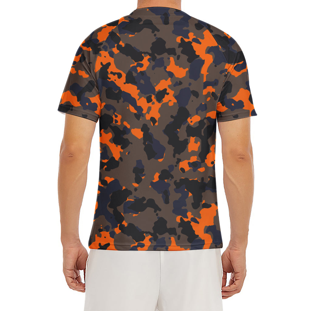 Black And Orange Camouflage Print Men's Short Sleeve Rash Guard
