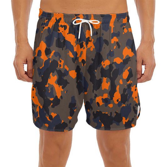 Black And Orange Camouflage Print Men's Split Running Shorts