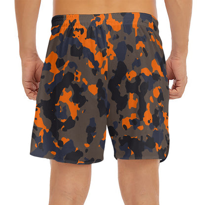 Black And Orange Camouflage Print Men's Split Running Shorts