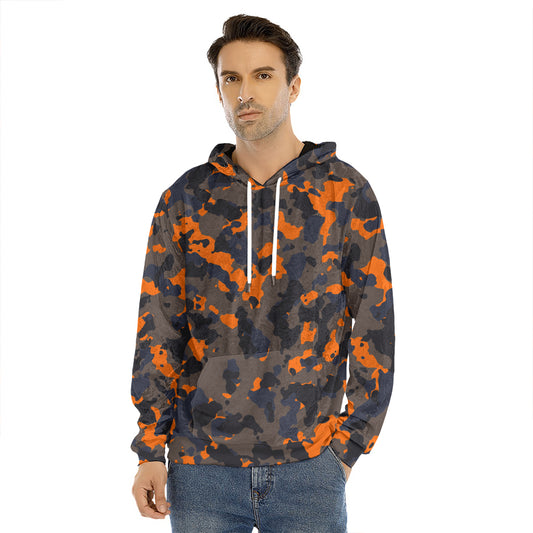 Black And Orange Camouflage Print Men's Velvet Pullover Hoodie