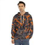 Black And Orange Camouflage Print Men's Velvet Pullover Hoodie