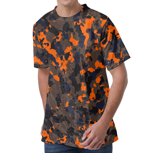 Black And Orange Camouflage Print Men's Velvet T-Shirt