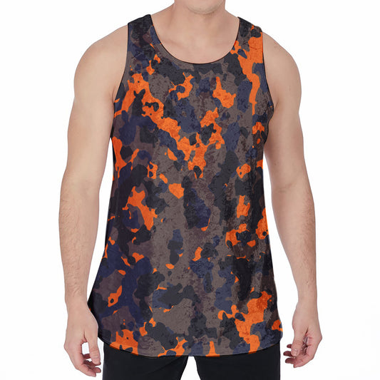 Black And Orange Camouflage Print Men's Velvet Tank Top