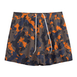 Black And Orange Camouflage Print Mesh Shorts