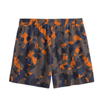 Black And Orange Camouflage Print Mesh Shorts