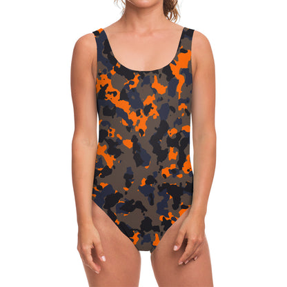Black And Orange Camouflage Print One Piece Swimsuit